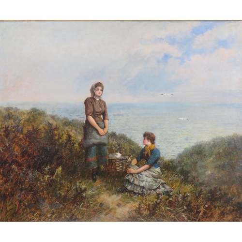 241 - English school 'Two girls by a coast' oil on canvas 62x75cm monogrammed