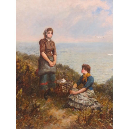 241 - English school 'Two girls by a coast' oil on canvas 62x75cm monogrammed