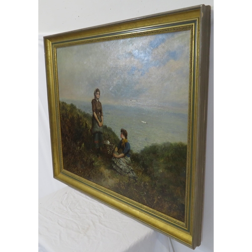 241 - English school 'Two girls by a coast' oil on canvas 62x75cm monogrammed