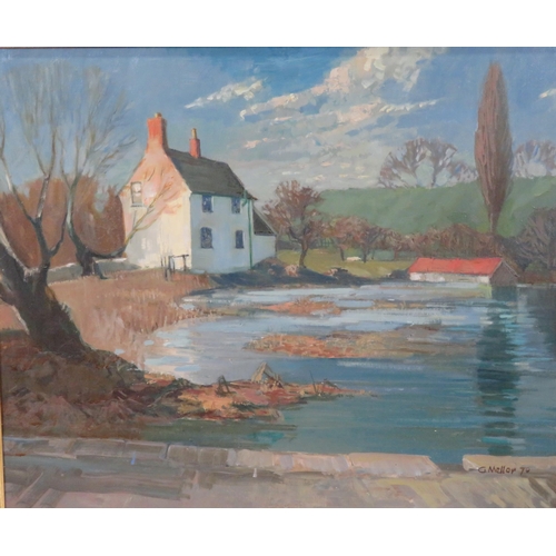 244 - G Mellor 'House by a lake' oil on board 50x60cm signed and dated