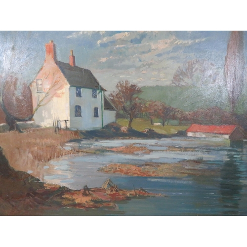 244 - G Mellor 'House by a lake' oil on board 50x60cm signed and dated