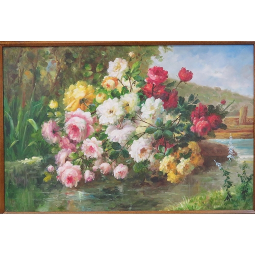 248 - English school 'Study of roses in a riverscape' oil on canvas 60x90cm signed indistinctly