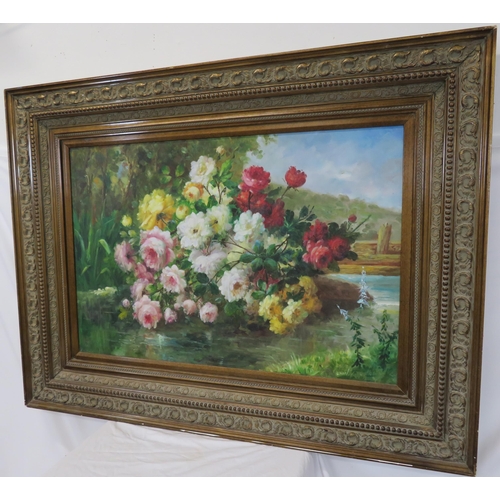 248 - English school 'Study of roses in a riverscape' oil on canvas 60x90cm signed indistinctly