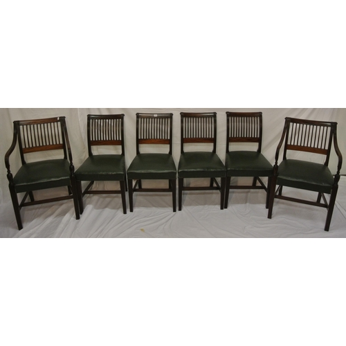 270 - Set of six Cork inlaid mahogany 11-bar dining chairs with reeded rails, string inlay, leather seats,... 