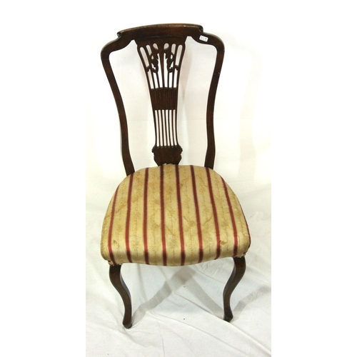 277 - Victorian style occasional chair with pierced wheatsheaf splat, striped upholstery, on cabriole legs