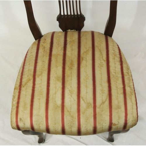 277 - Victorian style occasional chair with pierced wheatsheaf splat, striped upholstery, on cabriole legs