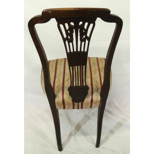 277 - Victorian style occasional chair with pierced wheatsheaf splat, striped upholstery, on cabriole legs