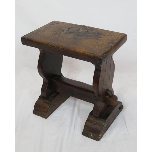 28 - Arts & Crafts oak oblong stool with shaped sided on bracket feet