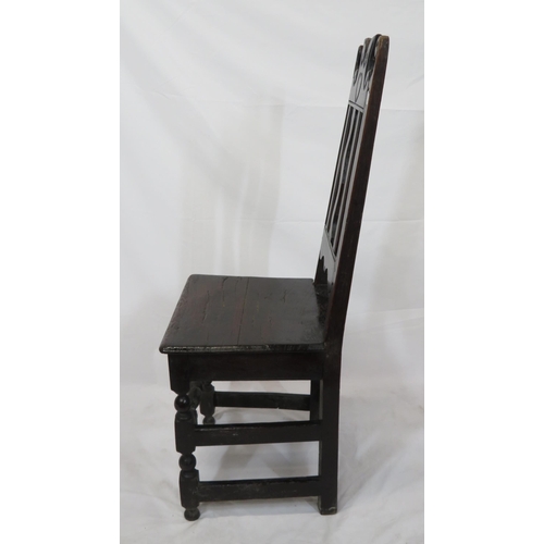 281 - Georgian style oak hall chair with scroll decorated back, turned legs with stretchers