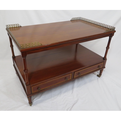 29 - Edwardian style mahogany two tier occasional or coffee table with pierced brass gallery, two frieze ... 