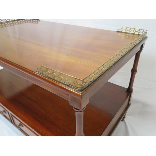 29 - Edwardian style mahogany two tier occasional or coffee table with pierced brass gallery, two frieze ... 