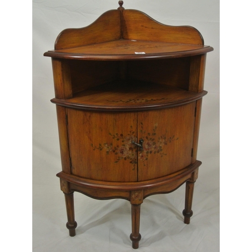 34 - French style painted bow fronted two tier corner cabinet with shaped gallery, press with teardrop ha... 