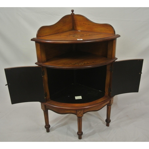 34 - French style painted bow fronted two tier corner cabinet with shaped gallery, press with teardrop ha... 