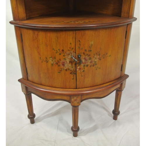34 - French style painted bow fronted two tier corner cabinet with shaped gallery, press with teardrop ha... 