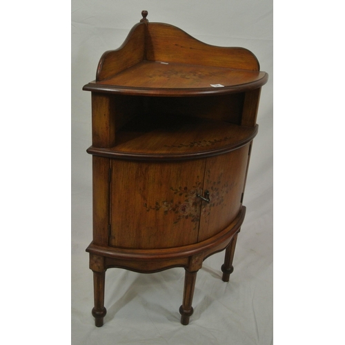 34 - French style painted bow fronted two tier corner cabinet with shaped gallery, press with teardrop ha... 