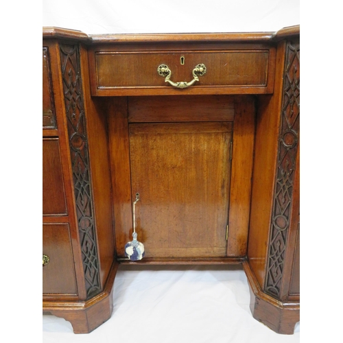 35 - Georgian mahogany front desk with side and one frieze drawer, drop handles, central press, on bracke... 