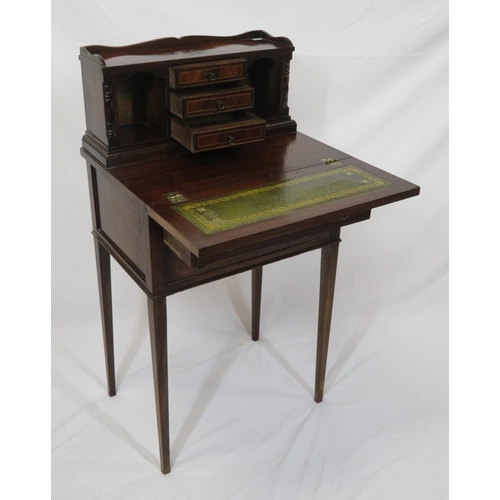 41 - Edwardian inlaid mahogany bonheur de jour with trayback, three central drawers, fold-out writing slo... 