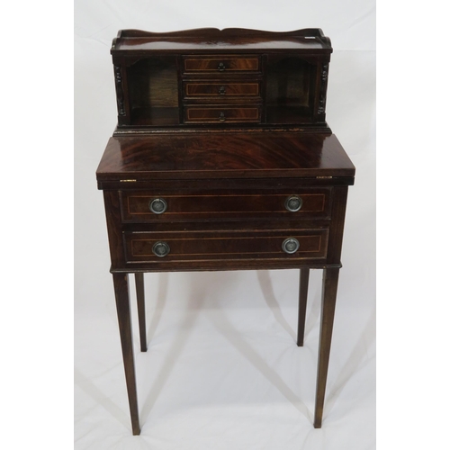 41 - Edwardian inlaid mahogany bonheur de jour with trayback, three central drawers, fold-out writing slo... 