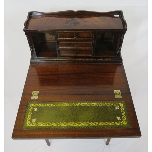 41 - Edwardian inlaid mahogany bonheur de jour with trayback, three central drawers, fold-out writing slo... 