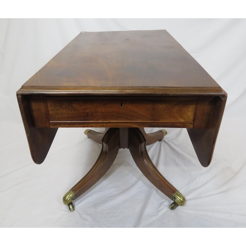 50 - Georgian mahogany centre or library table with drop leaves, rounded borders, pull-out supports, on b... 