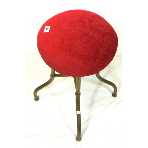 52 - Edwardian brass dressing stool with swivel adjustable upholstered seat and four round legs