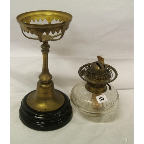 53 - Victorian brass table oil lamp with faceted glass shade, brass stand and round base ( no shade )