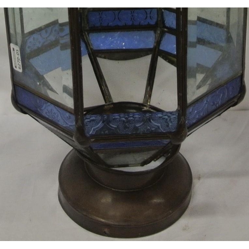 54 - Victorian style metal framed hexagonal hanging lightshade with tinted foliate decorated glass panels