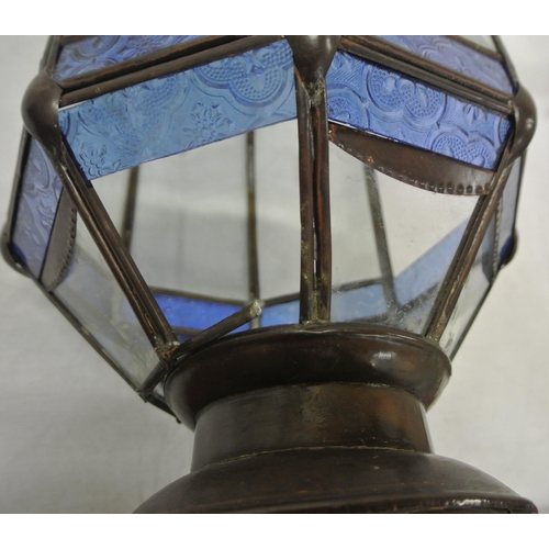 54 - Victorian style metal framed hexagonal hanging lightshade with tinted foliate decorated glass panels