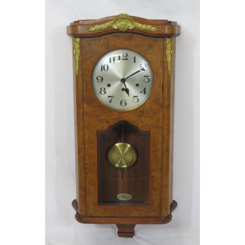 61 - Edwardian inlaid and crossbanded walnut wall clock with foliate ormolu mounts, round brass framed di... 