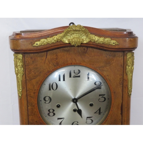 61 - Edwardian inlaid and crossbanded walnut wall clock with foliate ormolu mounts, round brass framed di... 