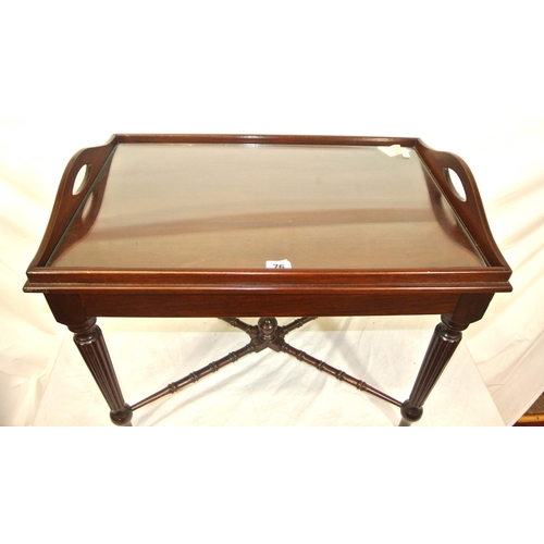 76 - Edwardian design mahogany Butlers table with detachable tray, having raised borders, on reeded taper... 