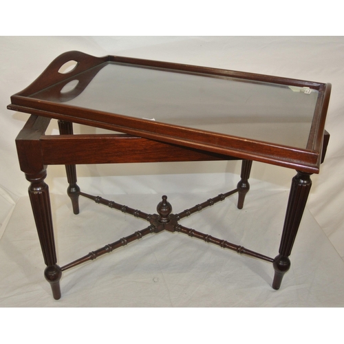 76 - Edwardian design mahogany Butlers table with detachable tray, having raised borders, on reeded taper... 