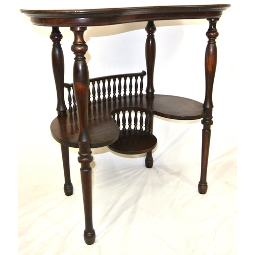 86 - Victorian mahogany two tier kidney shaped occasional or side table with railed gallery, baluster tur... 