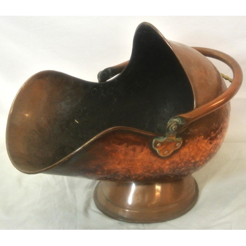 91 - Georgian copper helmet shaped coal scuttle with shaped handle and round base