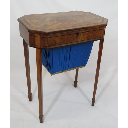 99 - Edwardian inlaid walnut sewing or work table with lift-up lid, sectioned interior, pull-out material... 