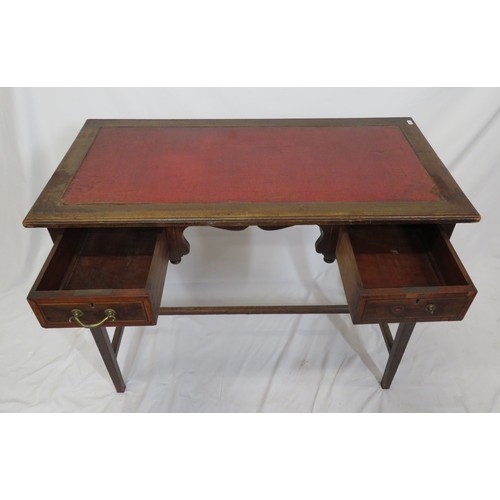 20 - Edwardian inlaid mahogany desk with two frieze drawers, on square legs with stretchers