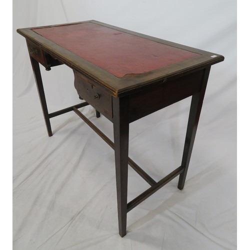 20 - Edwardian inlaid mahogany desk with two frieze drawers, on square legs with stretchers