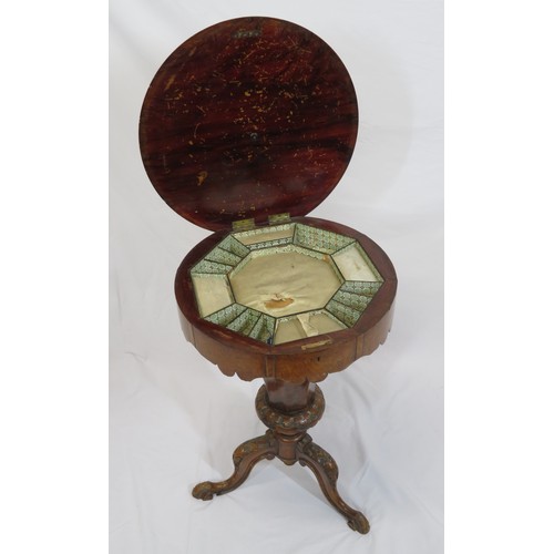 89 - Victorian inlaid walnut round sewing or work table with inlaid figure and foliate decorated lid, sec... 