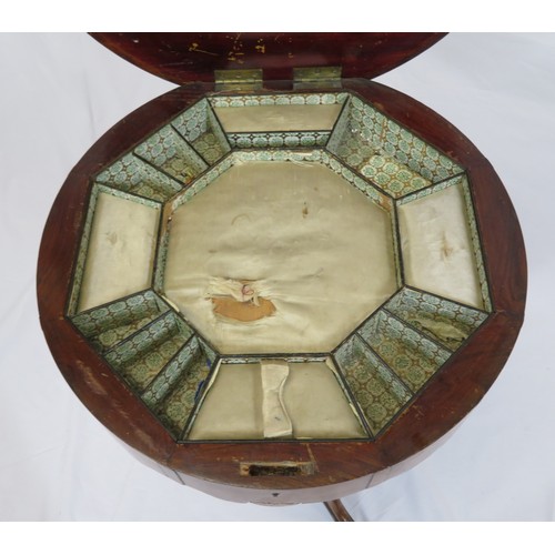 89 - Victorian inlaid walnut round sewing or work table with inlaid figure and foliate decorated lid, sec... 