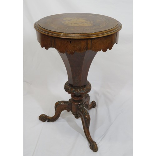 89 - Victorian inlaid walnut round sewing or work table with inlaid figure and foliate decorated lid, sec... 