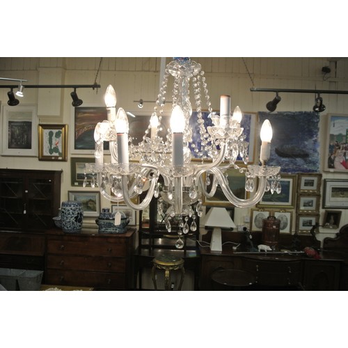 77 - French style 12 branch glass chandelier with shaped arms and sconces