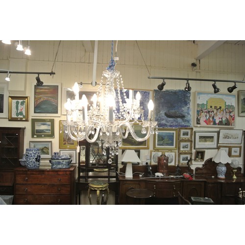 77 - French style 12 branch glass chandelier with shaped arms and sconces