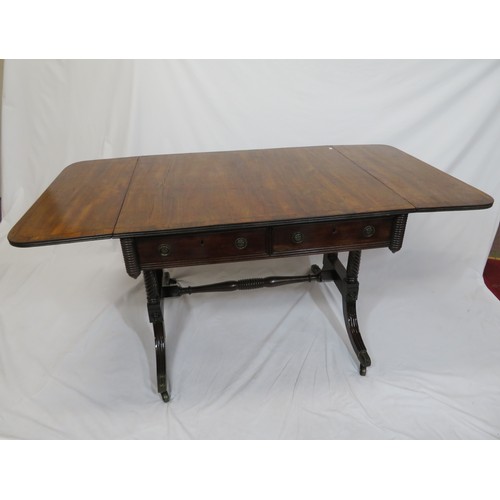 90 - Regency inlaid and crossbanded mahogany and rosewood sofa table with drop leaves, reeded borders, fr... 