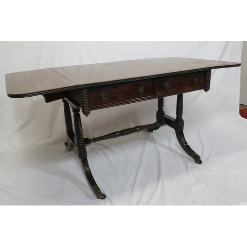 90 - Regency inlaid and crossbanded mahogany and rosewood sofa table with drop leaves, reeded borders, fr... 