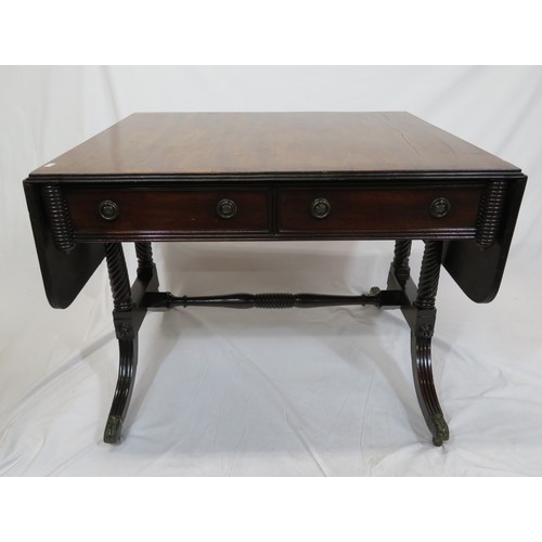 90 - Regency inlaid and crossbanded mahogany and rosewood sofa table with drop leaves, reeded borders, fr... 