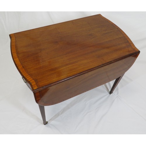 100 - Edwardian Sheraton inlaid and crossbanded mahogany  dropleaf table with bowed ends, bowed drawers wi... 