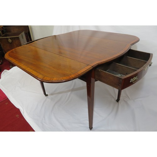 100 - Edwardian Sheraton inlaid and crossbanded mahogany  dropleaf table with bowed ends, bowed drawers wi... 