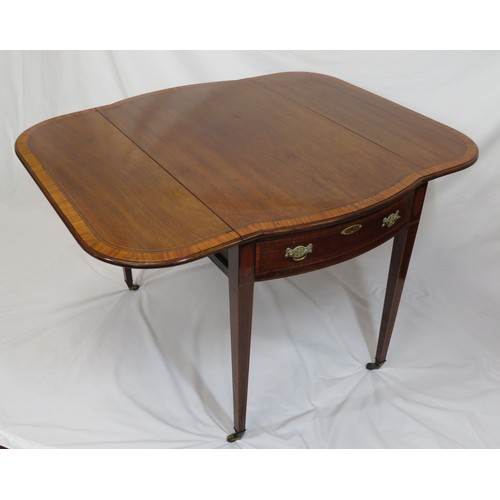 100 - Edwardian Sheraton inlaid and crossbanded mahogany  dropleaf table with bowed ends, bowed drawers wi... 