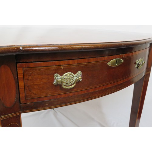 100 - Edwardian Sheraton inlaid and crossbanded mahogany  dropleaf table with bowed ends, bowed drawers wi... 