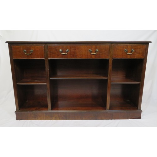 195 - Edwardian style bookcase with three frieze drawers, adjustable shelving, on plinth